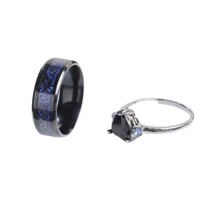 2Pcs Wide Smooth Surface Couple Rings Alloy Heart Faux Gem Blue Line Finger Rings Charm Jewelry Image 10