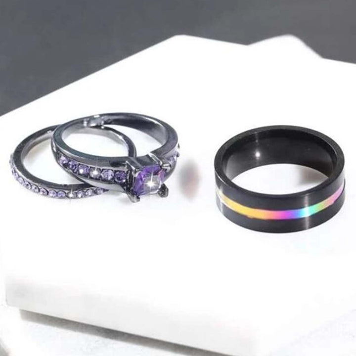 3Pcs Couple Rings Wide Smooth Surface Alloy Cubic Zirconia Thin Line Finger Rings Fashion Jewelry Image 4