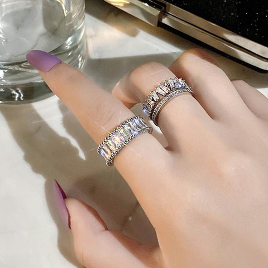 Women Ring Double Layers Rhinestone Jewelry Adjustable Opening Finger Ring for Wedding Image 2