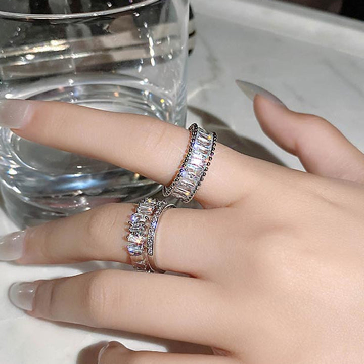 Women Ring Double Layers Rhinestone Jewelry Adjustable Opening Finger Ring for Wedding Image 4