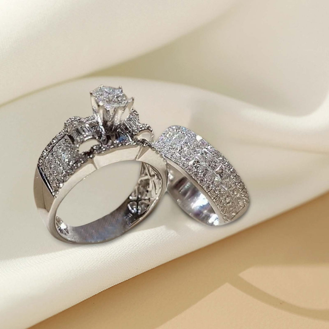 2Pcs Wide Simple Couple Rings Alloy Inlaid Shining Rhinestone Wedding Bands Fashion Jewelry Image 3