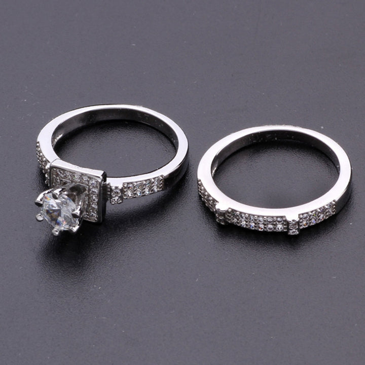 1 Pair Couple Rings Geometric Rhinestones Jewelry Exquisite Bright Luster Rings for Wedding Image 2