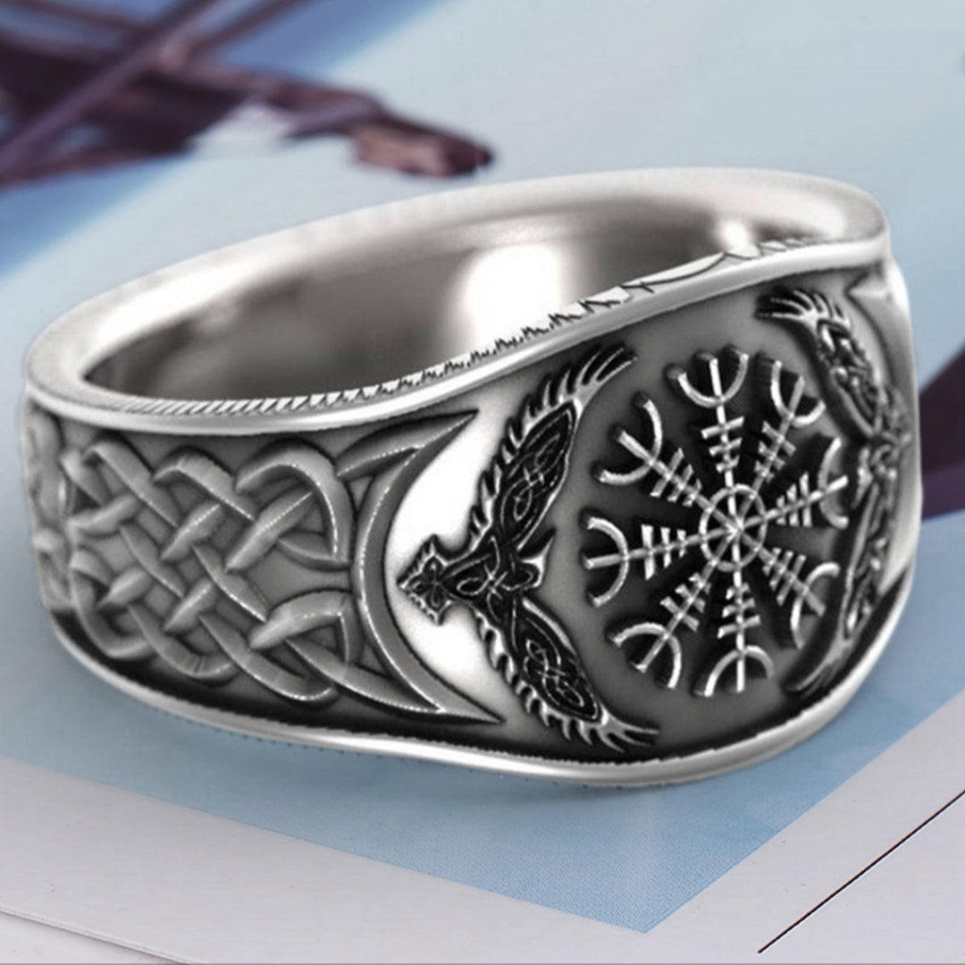 Wide Silver Color Men Ring Alloy Eagle Compass Carved Finger Ring Jewelry Accessaries Image 2