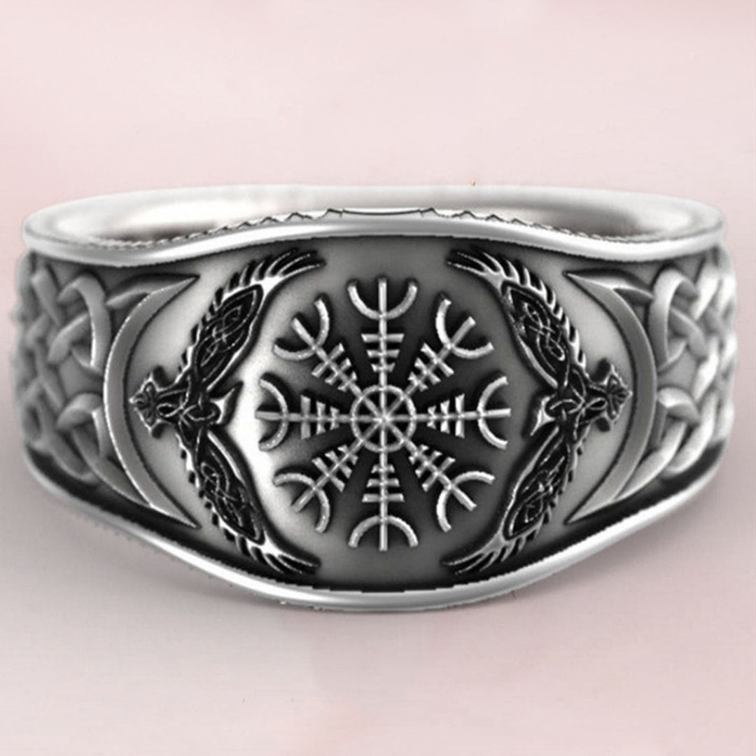 Wide Silver Color Men Ring Alloy Eagle Compass Carved Finger Ring Jewelry Accessaries Image 3