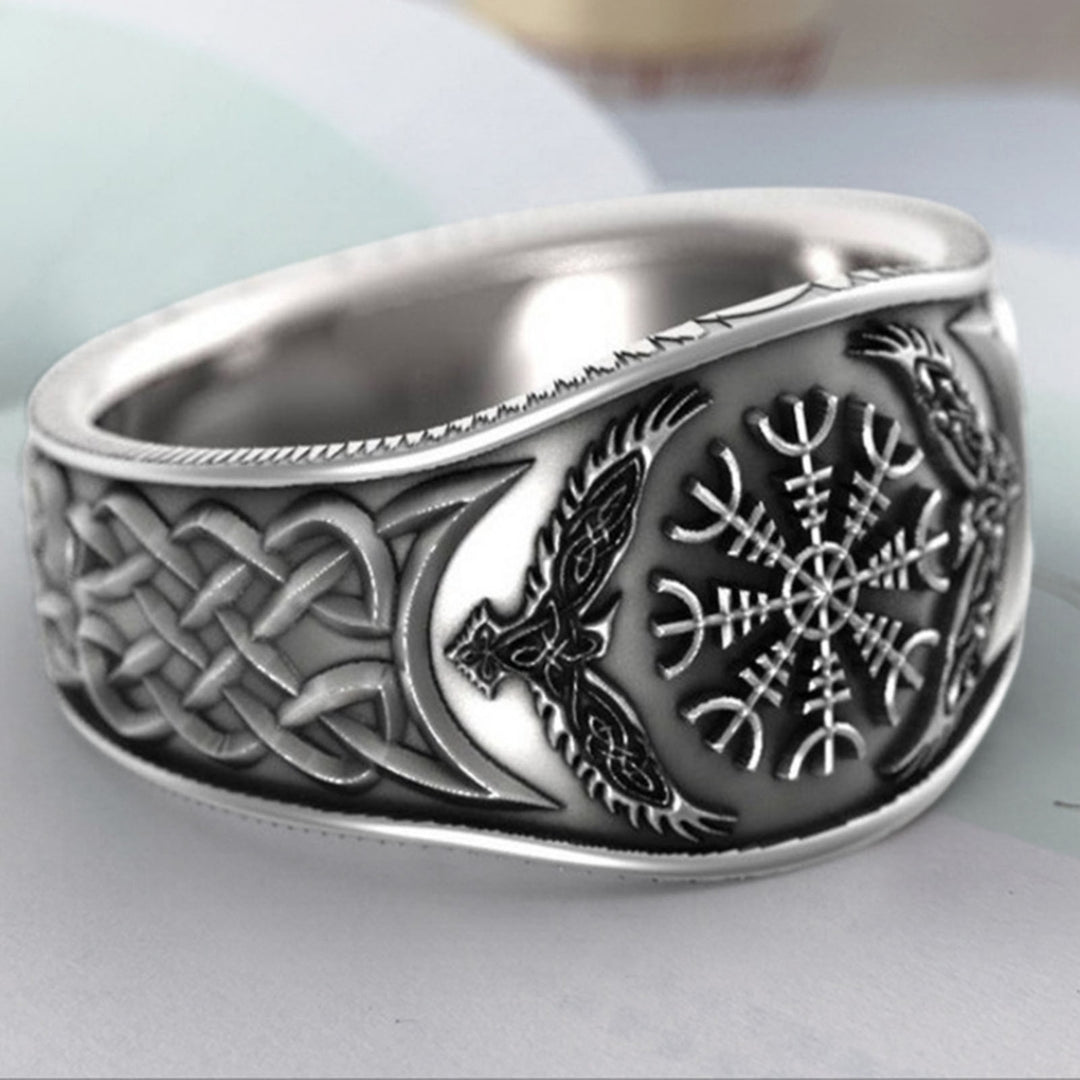 Wide Silver Color Men Ring Alloy Eagle Compass Carved Finger Ring Jewelry Accessaries Image 4