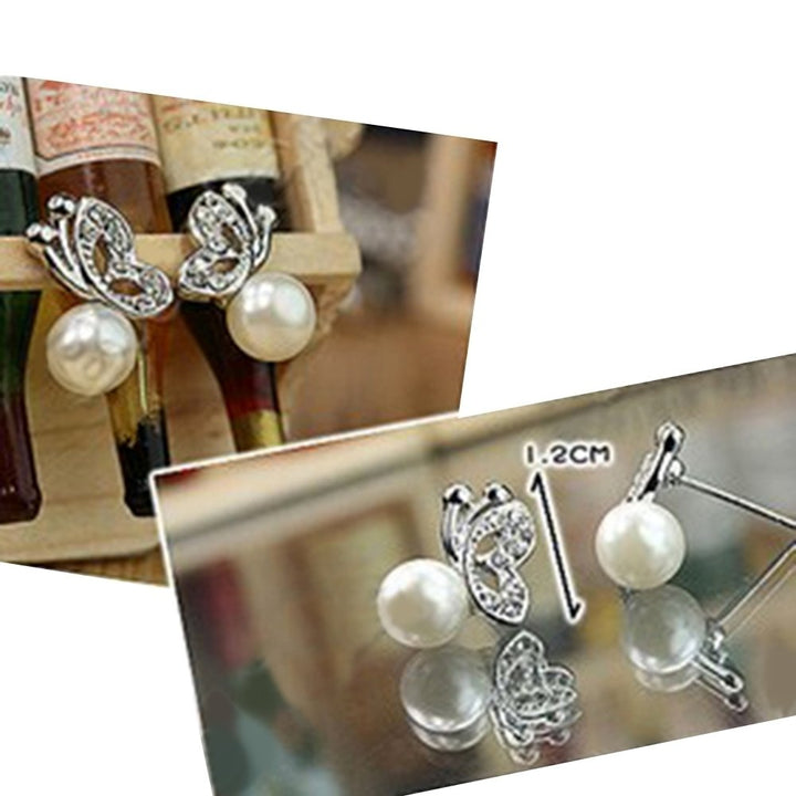 Women Lovely Cute Sweet Rhinestone Butterfly Faux Pearl Earrings Jewelry Image 3