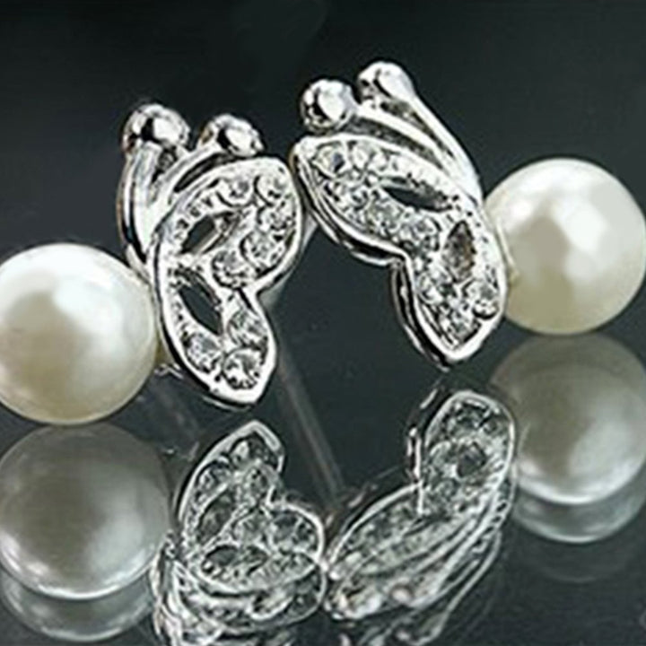 Women Lovely Cute Sweet Rhinestone Butterfly Faux Pearl Earrings Jewelry Image 4