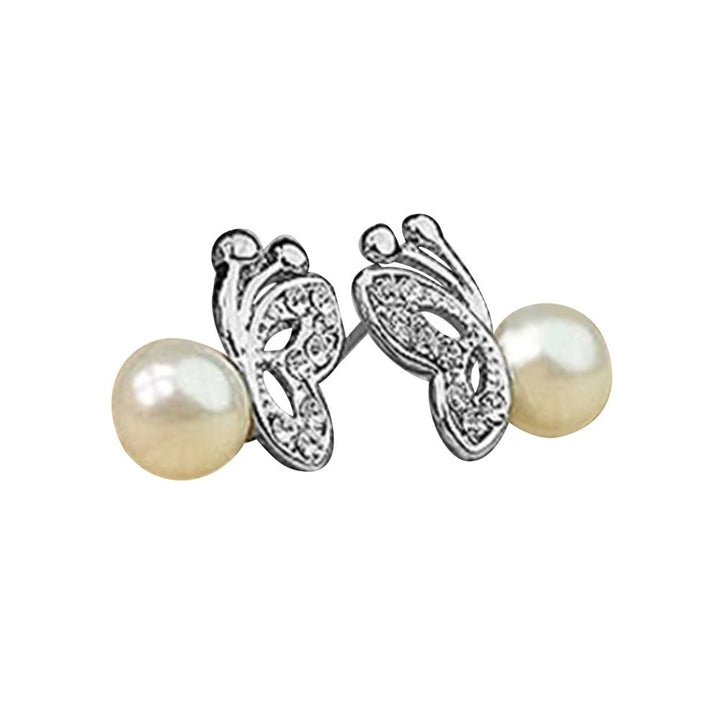 Women Lovely Cute Sweet Rhinestone Butterfly Faux Pearl Earrings Jewelry Image 6