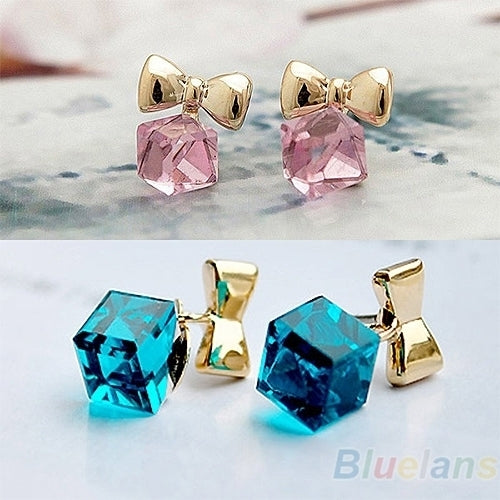 Women Shimmers Chic Bowknot Shiny Cube Rhinestone Ear Studs Cute Dangle Earrings Image 1