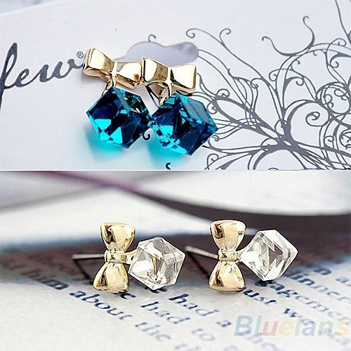 Women Shimmers Chic Bowknot Shiny Cube Rhinestone Ear Studs Cute Dangle Earrings Image 2