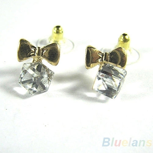 Women Shimmers Chic Bowknot Shiny Cube Rhinestone Ear Studs Cute Dangle Earrings Image 3