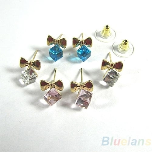 Women Shimmers Chic Bowknot Shiny Cube Rhinestone Ear Studs Cute Dangle Earrings Image 4