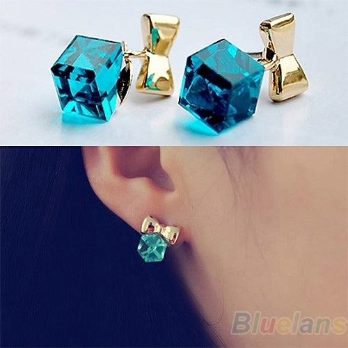 Women Shimmers Chic Bowknot Shiny Cube Rhinestone Ear Studs Cute Dangle Earrings Image 6