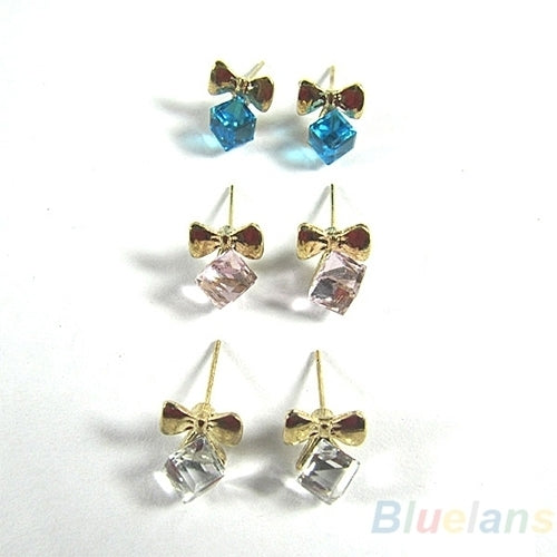 Women Shimmers Chic Bowknot Shiny Cube Rhinestone Ear Studs Cute Dangle Earrings Image 7