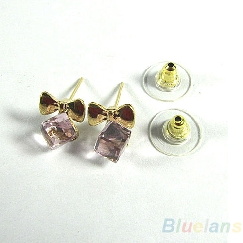 Women Shimmers Chic Bowknot Shiny Cube Rhinestone Ear Studs Cute Dangle Earrings Image 8