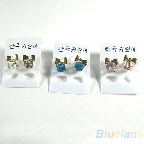 Women Shimmers Chic Bowknot Shiny Cube Rhinestone Ear Studs Cute Dangle Earrings Image 9