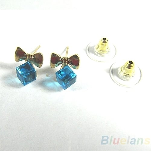 Women Shimmers Chic Bowknot Shiny Cube Rhinestone Ear Studs Cute Dangle Earrings Image 10