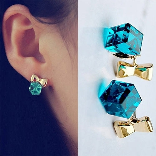 Women Shimmers Chic Bowknot Shiny Cube Rhinestone Ear Studs Cute Dangle Earrings Image 11