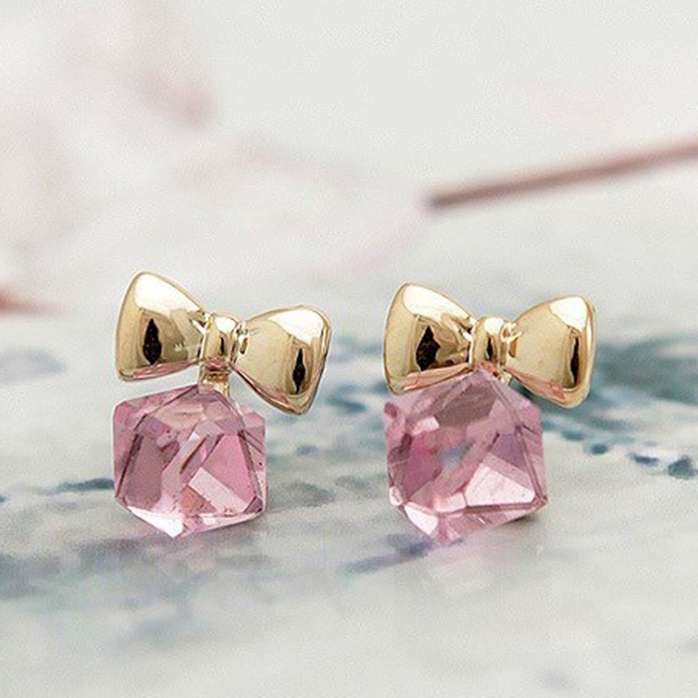 Women Shimmers Chic Bowknot Shiny Cube Rhinestone Ear Studs Cute Dangle Earrings Image 12