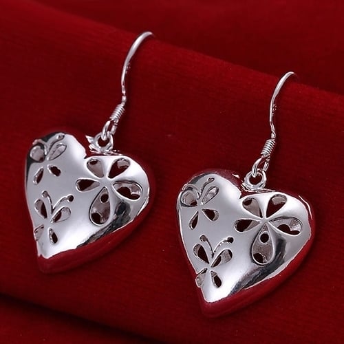 Womens Cute Silver Plated Hollow Flower Butterfly Heart Dangle Hook Earrings Image 1