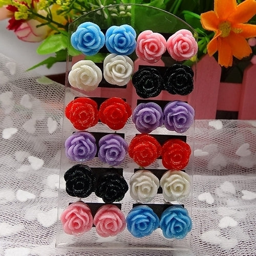 12 Pairs Womens Fashion Rose Flower Mixed Color Flower Ear Stud Earring Image 2