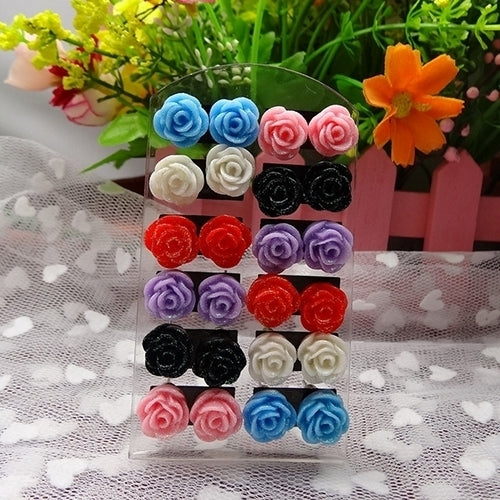 12 Pairs Womens Fashion Rose Flower Mixed Color Flower Ear Stud Earring Image 4