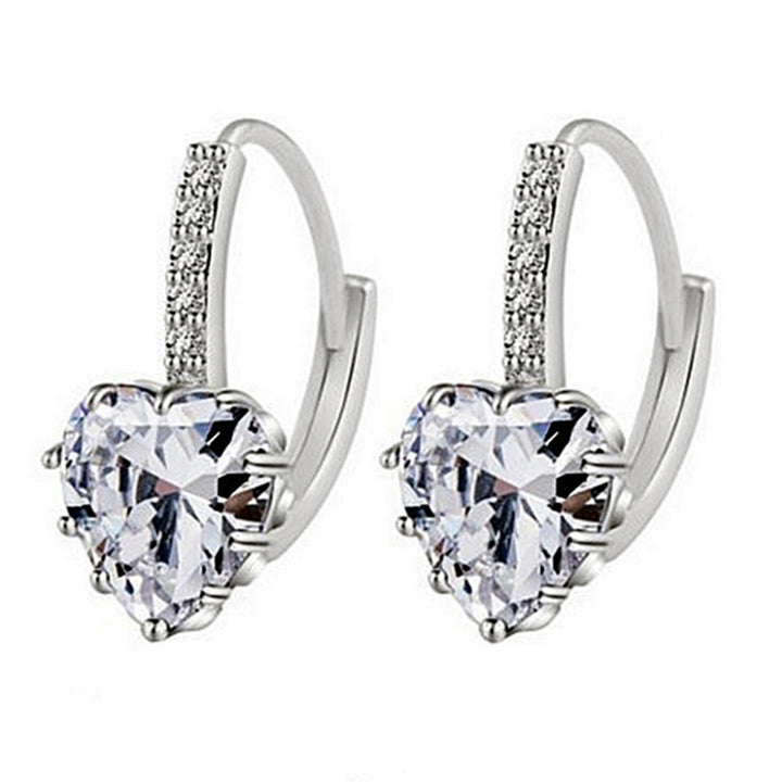 Woman 18K White Gold Plated Shining Rhinestone Heart Everlasting Hoop Earrings Image 3