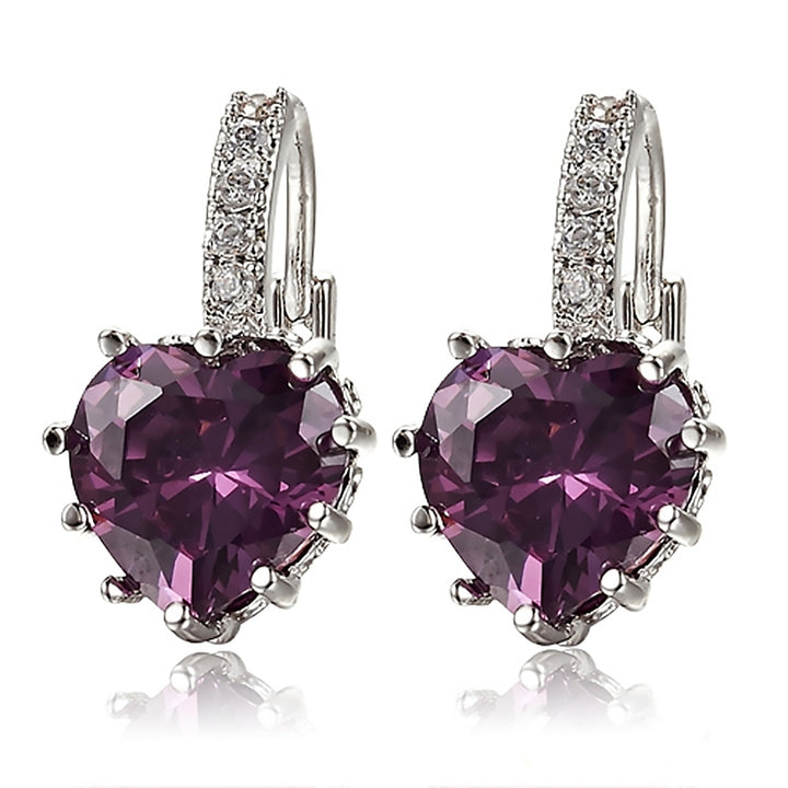 Women Elegant Purple Heart Shape Rhinestone Gold Plated Leverback Hoop Earrings Image 1