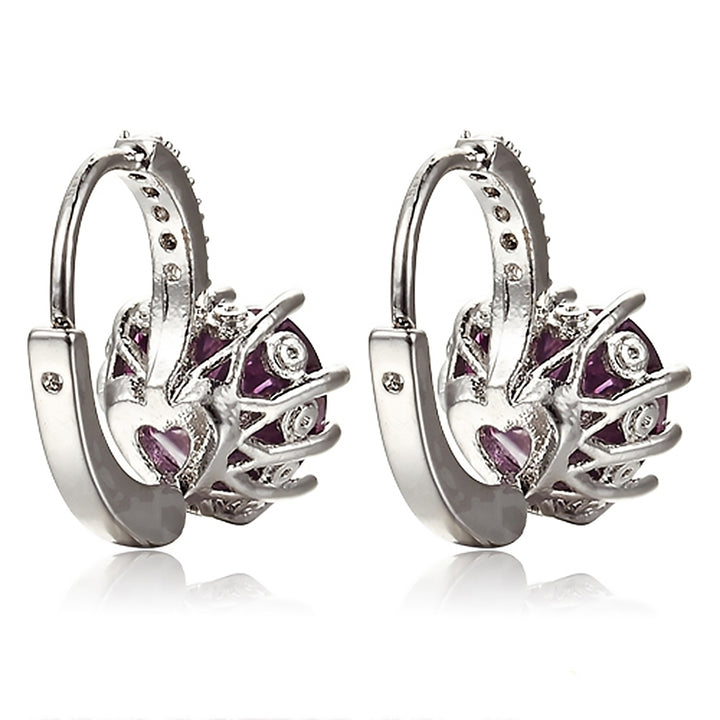 Women Elegant Purple Heart Shape Rhinestone Gold Plated Leverback Hoop Earrings Image 2