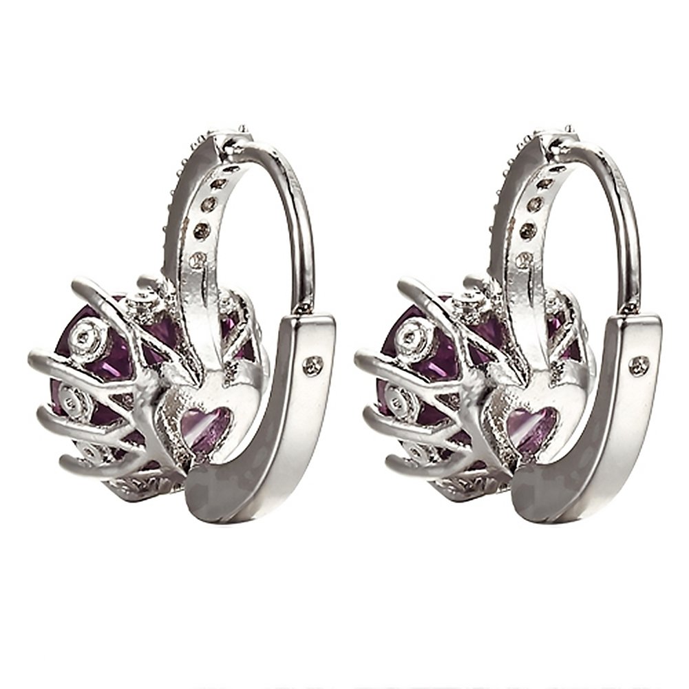 Women Elegant Purple Heart Shape Rhinestone Gold Plated Leverback Hoop Earrings Image 6