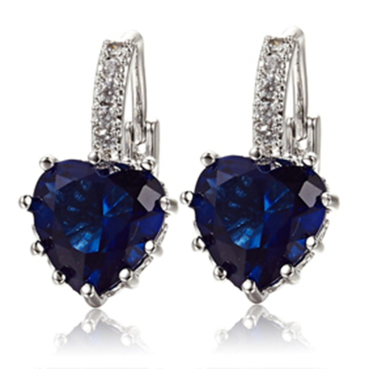 Womens 18K White Gold Plated Sapphire Blue Rhinestone Heart Leverback Earrings Image 1