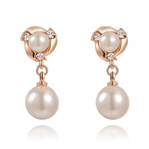 Womens Fashion 9K Gold Plated Faux Crystals Stud Faux Pearls Earrings Gift Image 1