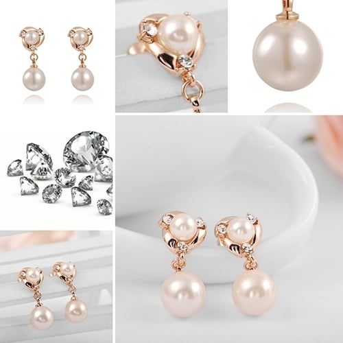 Womens Fashion 9K Gold Plated Faux Crystals Stud Faux Pearls Earrings Gift Image 4