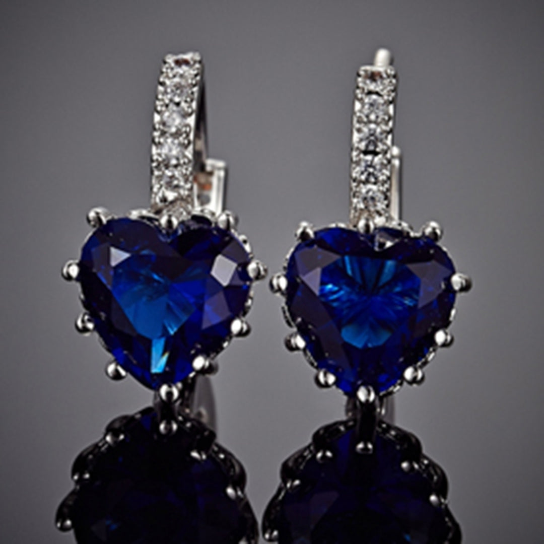 Womens 18K White Gold Plated Sapphire Blue Rhinestone Heart Leverback Earrings Image 3