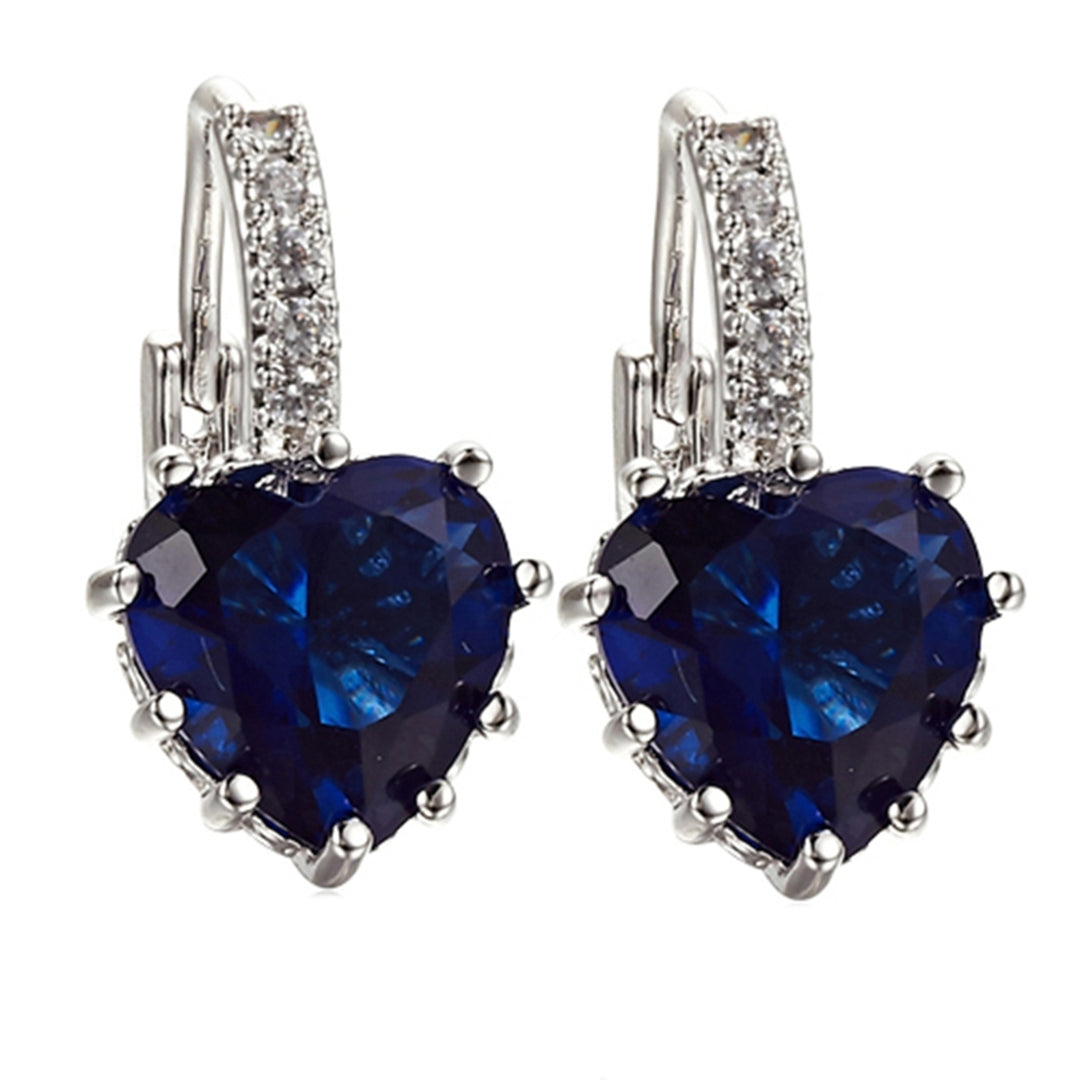 Womens 18K White Gold Plated Sapphire Blue Rhinestone Heart Leverback Earrings Image 4