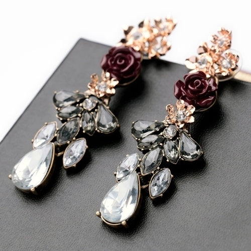 Womens Elegant Rose Flower Rhinestone Ear Drops Earrings Wedding Bridal Jewelry Image 1