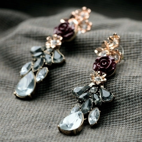 Womens Elegant Rose Flower Rhinestone Ear Drops Earrings Wedding Bridal Jewelry Image 3