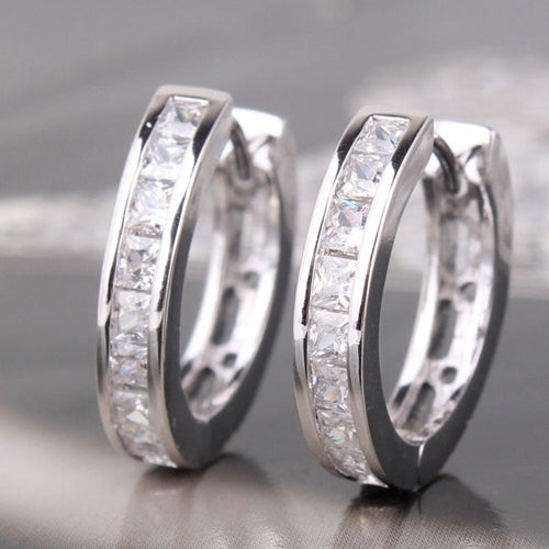 Fashion Mens Silver Plated Small Round Square Rhinestone Hoop Huggie Earrings Image 1