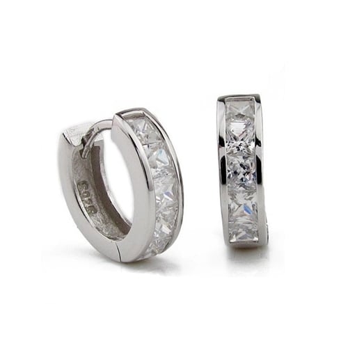 Fashion Mens Silver Plated Small Round Square Rhinestone Hoop Huggie Earrings Image 2