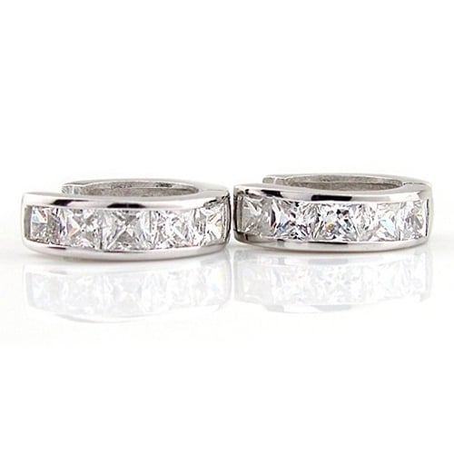 Fashion Mens Silver Plated Small Round Square Rhinestone Hoop Huggie Earrings Image 3