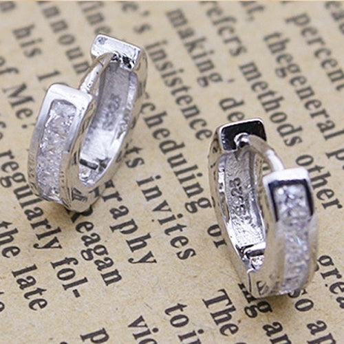 Fashion Mens Silver Plated Small Round Square Rhinestone Hoop Huggie Earrings Image 4