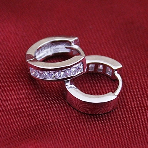 Fashion Mens Silver Plated Small Round Square Rhinestone Hoop Huggie Earrings Image 6