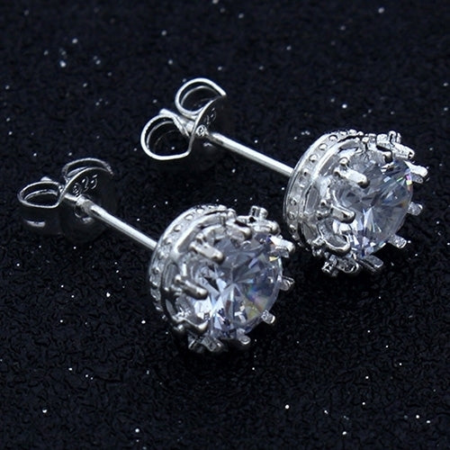 Womens Fashion Silver Plated Crown Design Rhinestone Inlaid Ear Studs Earrings Image 1