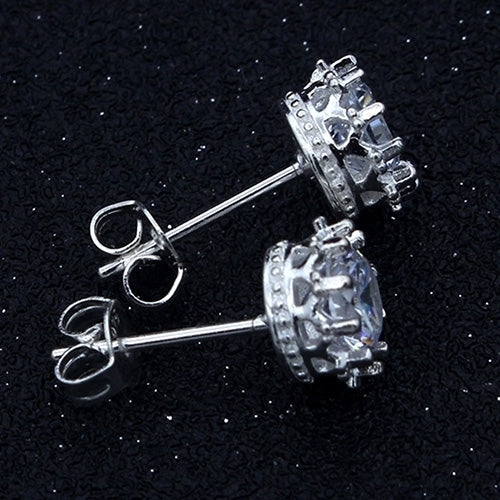 Womens Fashion Silver Plated Crown Design Rhinestone Inlaid Ear Studs Earrings Image 2