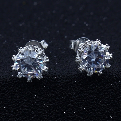 Womens Fashion Silver Plated Crown Design Rhinestone Inlaid Ear Studs Earrings Image 3