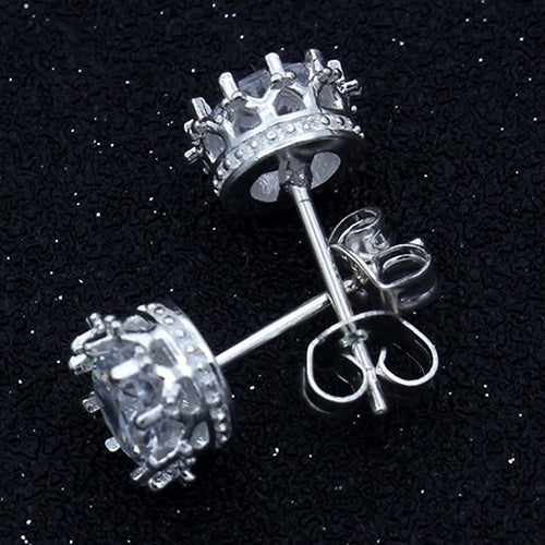 Womens Fashion Silver Plated Crown Design Rhinestone Inlaid Ear Studs Earrings Image 4