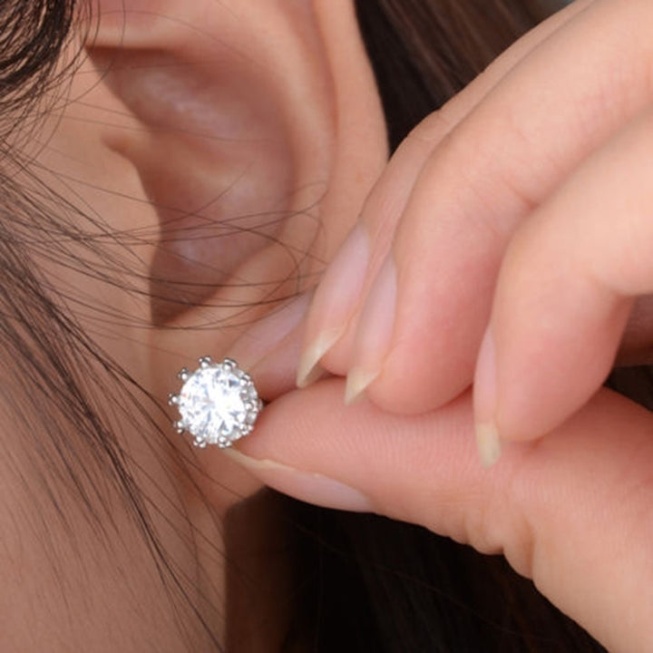 Womens Fashion Silver Plated Crown Design Rhinestone Inlaid Ear Studs Earrings Image 6