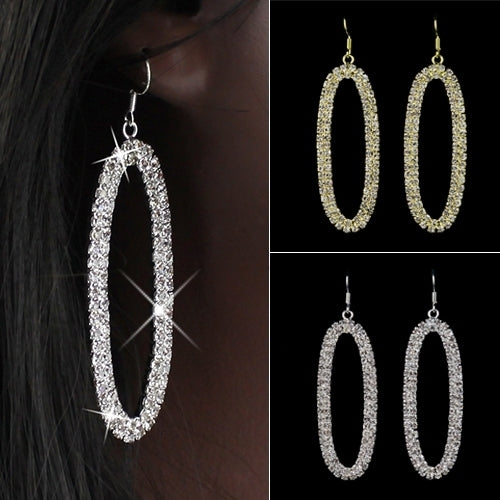 Womens Chic Bling Oval Shaped Dangle Deluxe Rhinestone Oversized Hoop Earrings Image 1