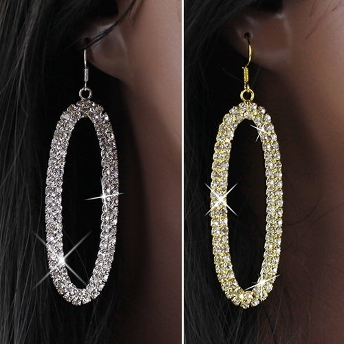 Womens Chic Bling Oval Shaped Dangle Deluxe Rhinestone Oversized Hoop Earrings Image 2