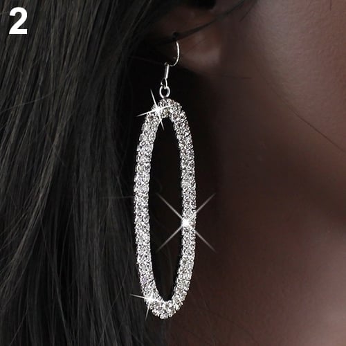 Womens Chic Bling Oval Shaped Dangle Deluxe Rhinestone Oversized Hoop Earrings Image 4